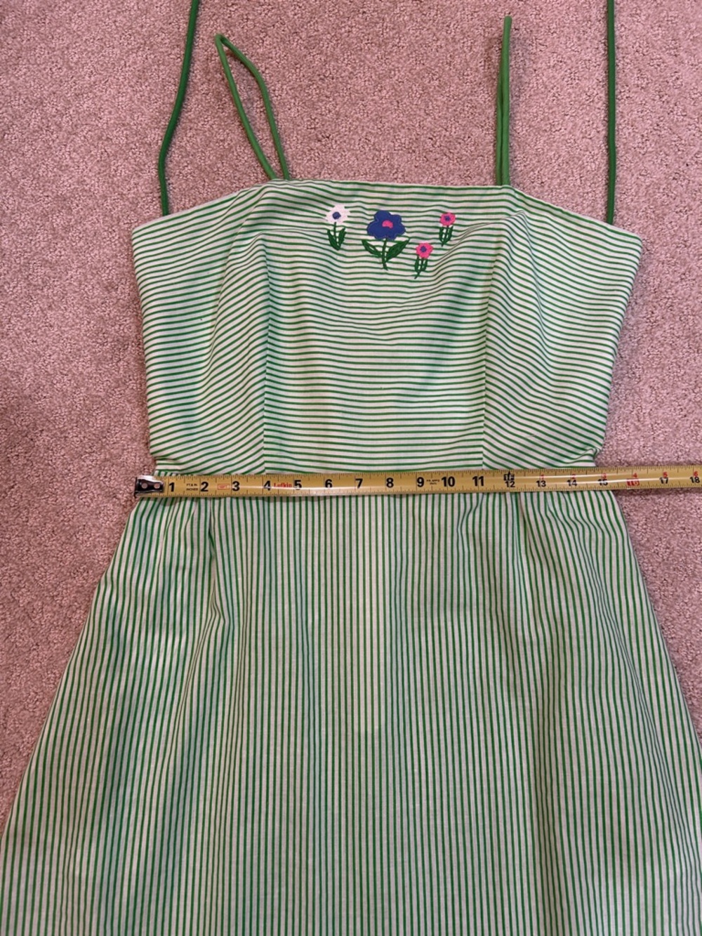 Vintage 70s 80s Green Striped Sundress Floral Embroidered Cottagecore M - Picture 9 of 10